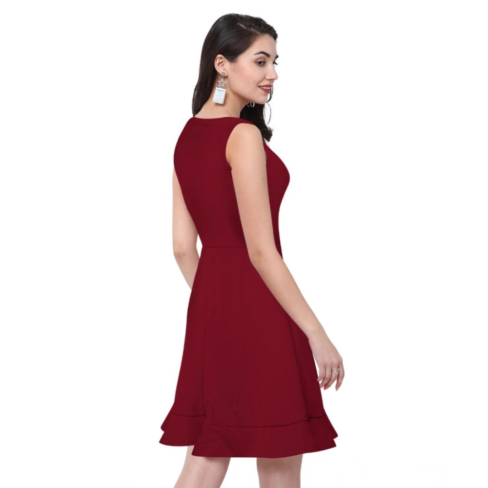 Vaystra Polyester Solid Round Neck Sleeveless Dress – Maroon