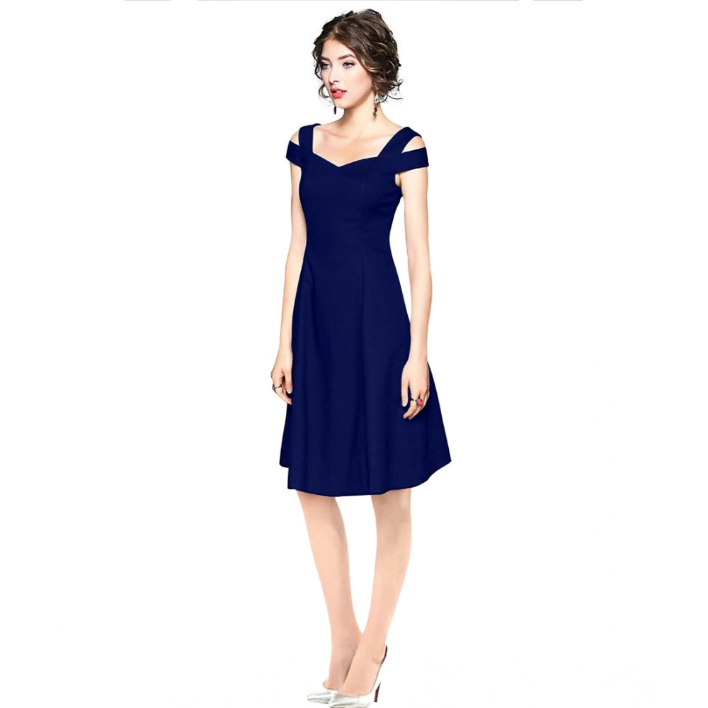 Vaystra Polyester Solid V Neck Cap Sleeve off Shoulder Dress – Blue