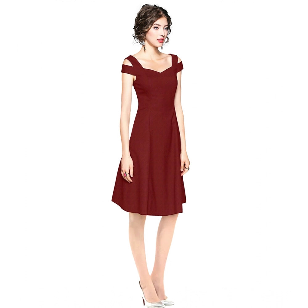 Vaystra Polyester Solid V Neck Cap Sleeve off Shoulder Dress – Maroon