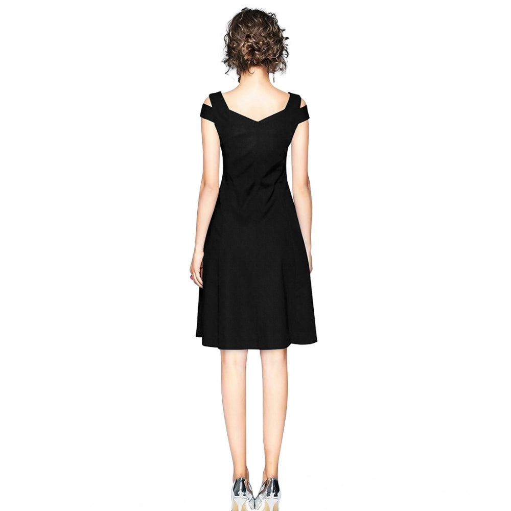 Vaystra Polyester Solid V Neck Cap Sleeve off Shoulder Dress – Black