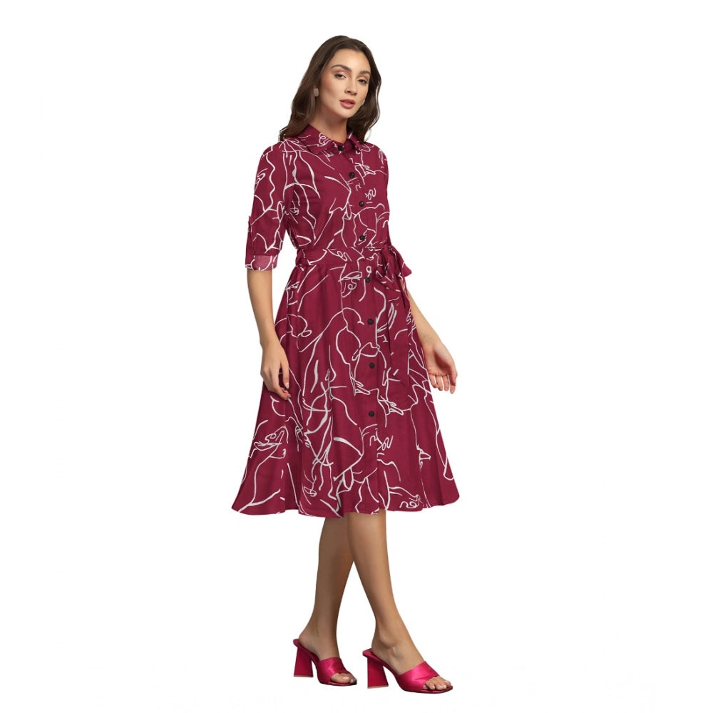 Vaystra Ruby Cotton Printed Shirt Collar 3-4th Sleeve Dress – Maroon