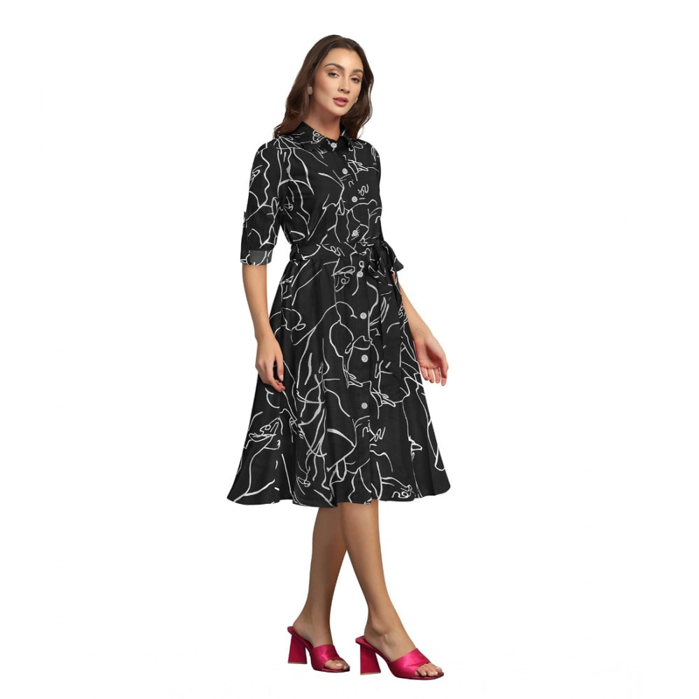 Vaystra Ruby Cotton Printed Shirt Collar 3-4th Sleeve Dress – Black