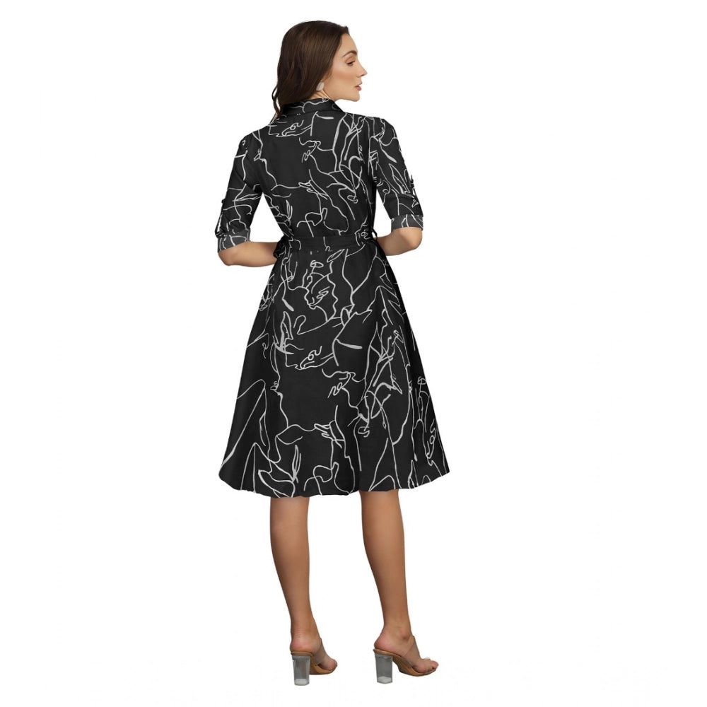 Vaystra Ruby Cotton Printed Shirt Collar 3-4th Sleeve Dress – Black