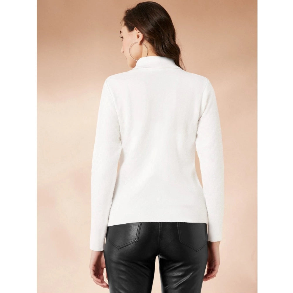 Vaystra Polyester Solid High Neck Full Sleeve T-Shirt – White