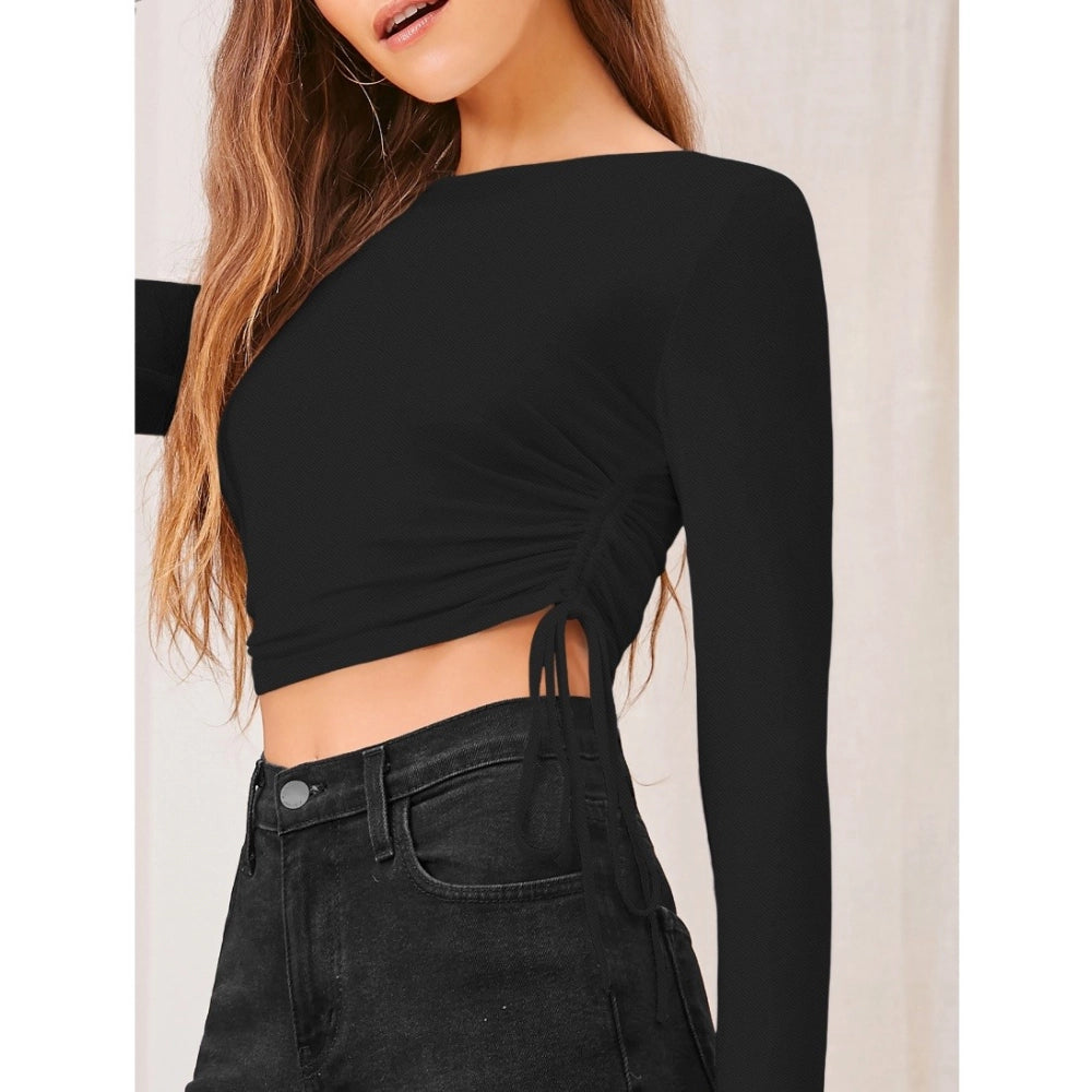 Vaystra Polyester Solid Round Neck Full Sleeve Top – Black