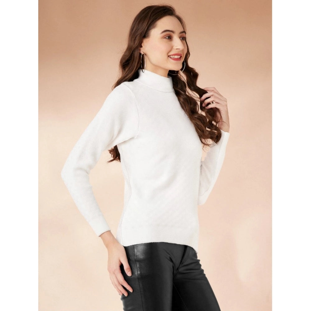 Vaystra Polyester Solid High Neck Full Sleeve T-Shirt – White