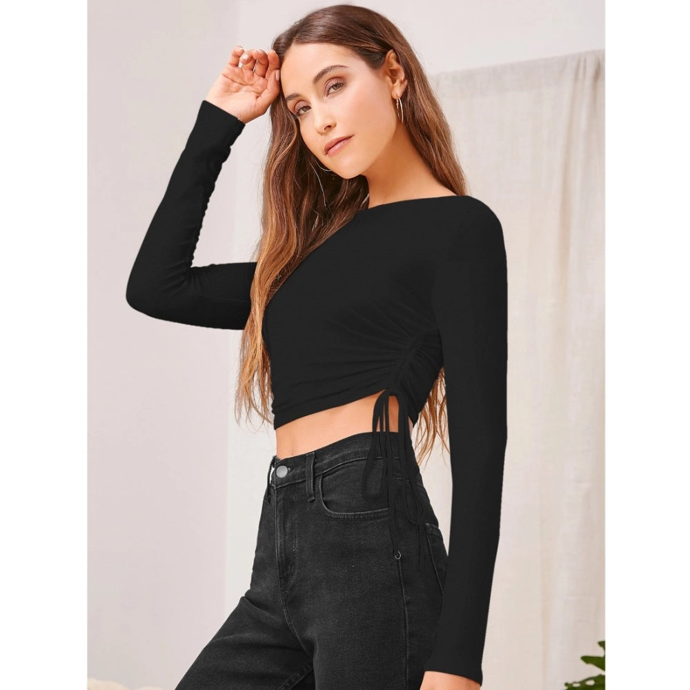 Vaystra Polyester Solid Round Neck Full Sleeve Top – Black