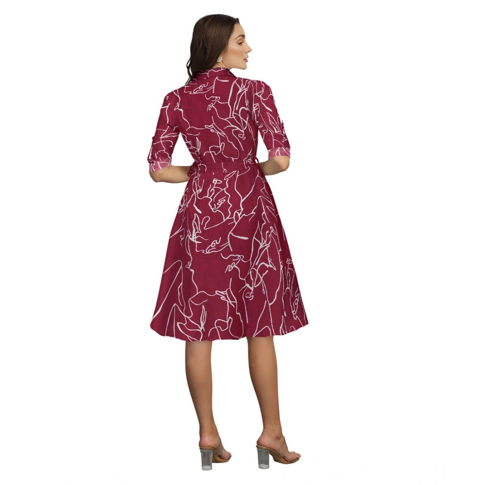 Vaystra Ruby Cotton Printed Shirt Collar 3-4th Sleeve Dress – Maroon