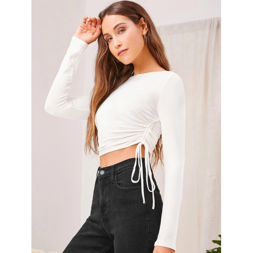 Vaystra Polyester Solid Round Neck Full Sleeve Top – White