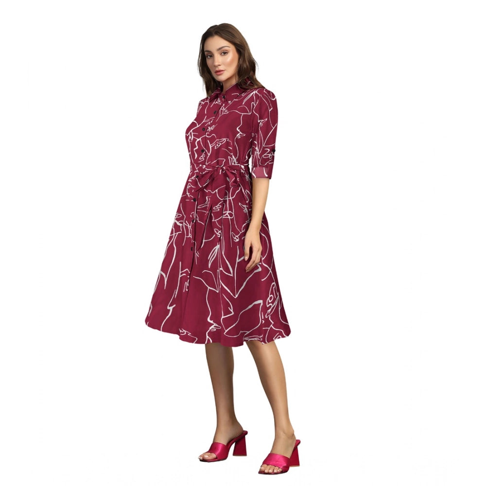 Vaystra Ruby Cotton Printed Shirt Collar 3-4th Sleeve Dress – Maroon