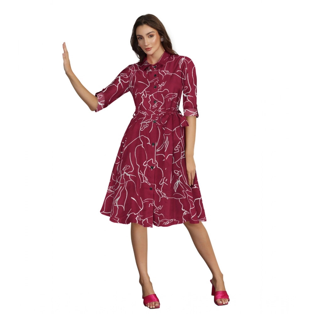Vaystra Ruby Cotton Printed Shirt Collar 3-4th Sleeve Dress – Maroon