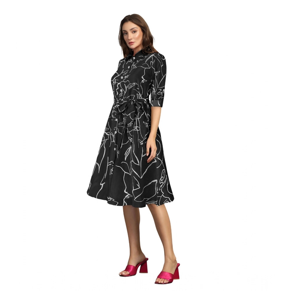 Vaystra Ruby Cotton Printed Shirt Collar 3-4th Sleeve Dress – Black