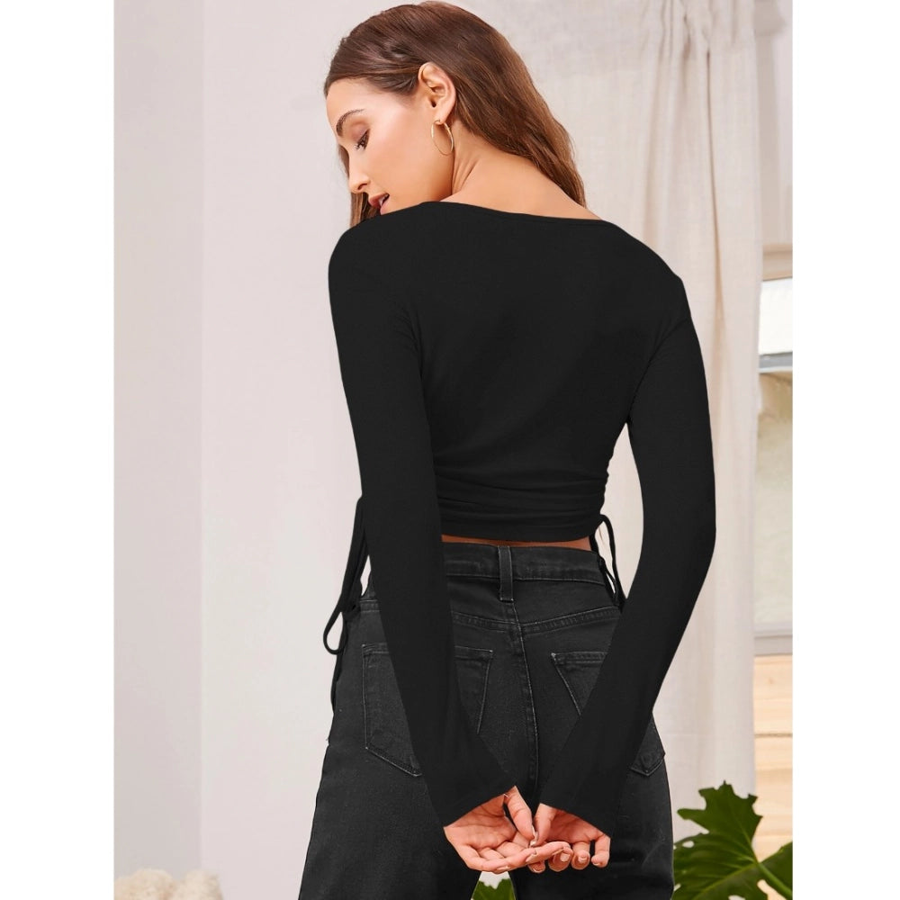 Vaystra Polyester Solid Round Neck Full Sleeve Top – Black