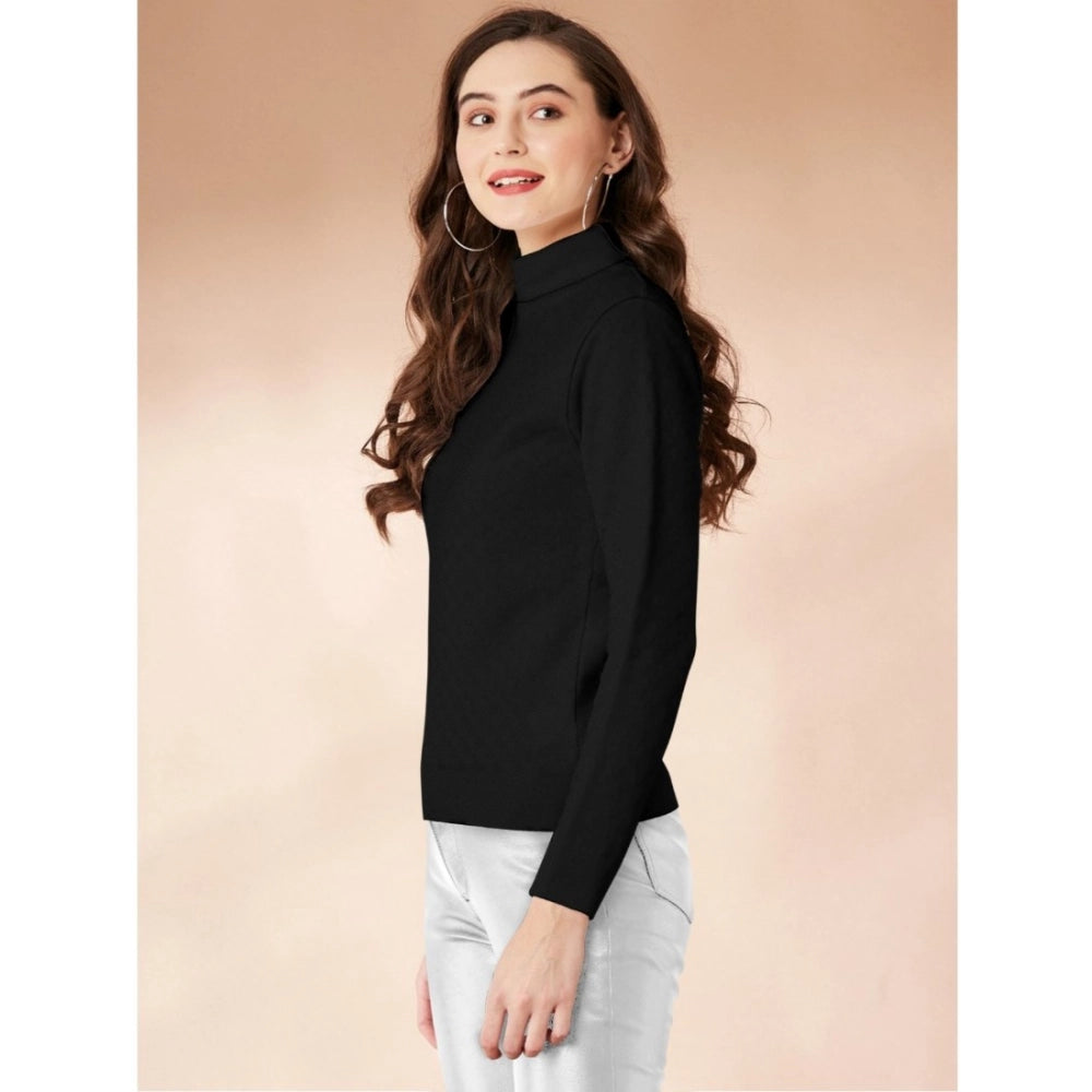 Vaystra Polyester Solid High Neck Full Sleeve T-Shirt – Black