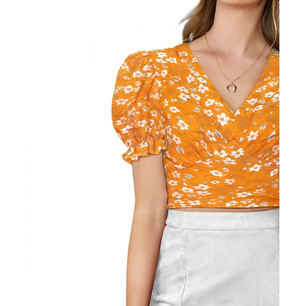 Vaystra Knitting Printed V-Neck Puff Sleeve Tops – Yellow