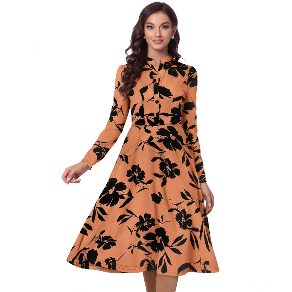 Vaystra Knitting Printed V-Neck Full Sleeve Dress – Orange