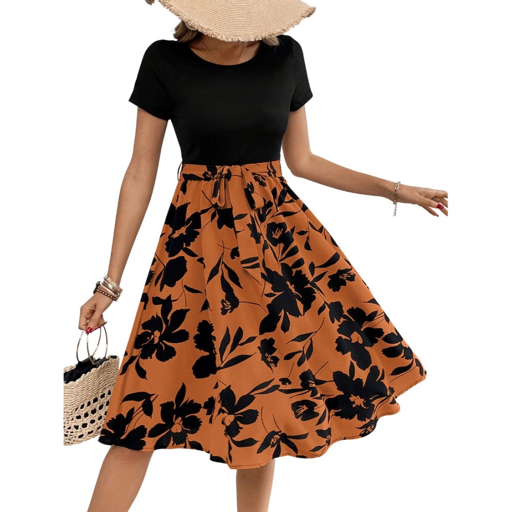 Vaystra Knitting Printed Round Neck Short Sleeve Dress – Orange