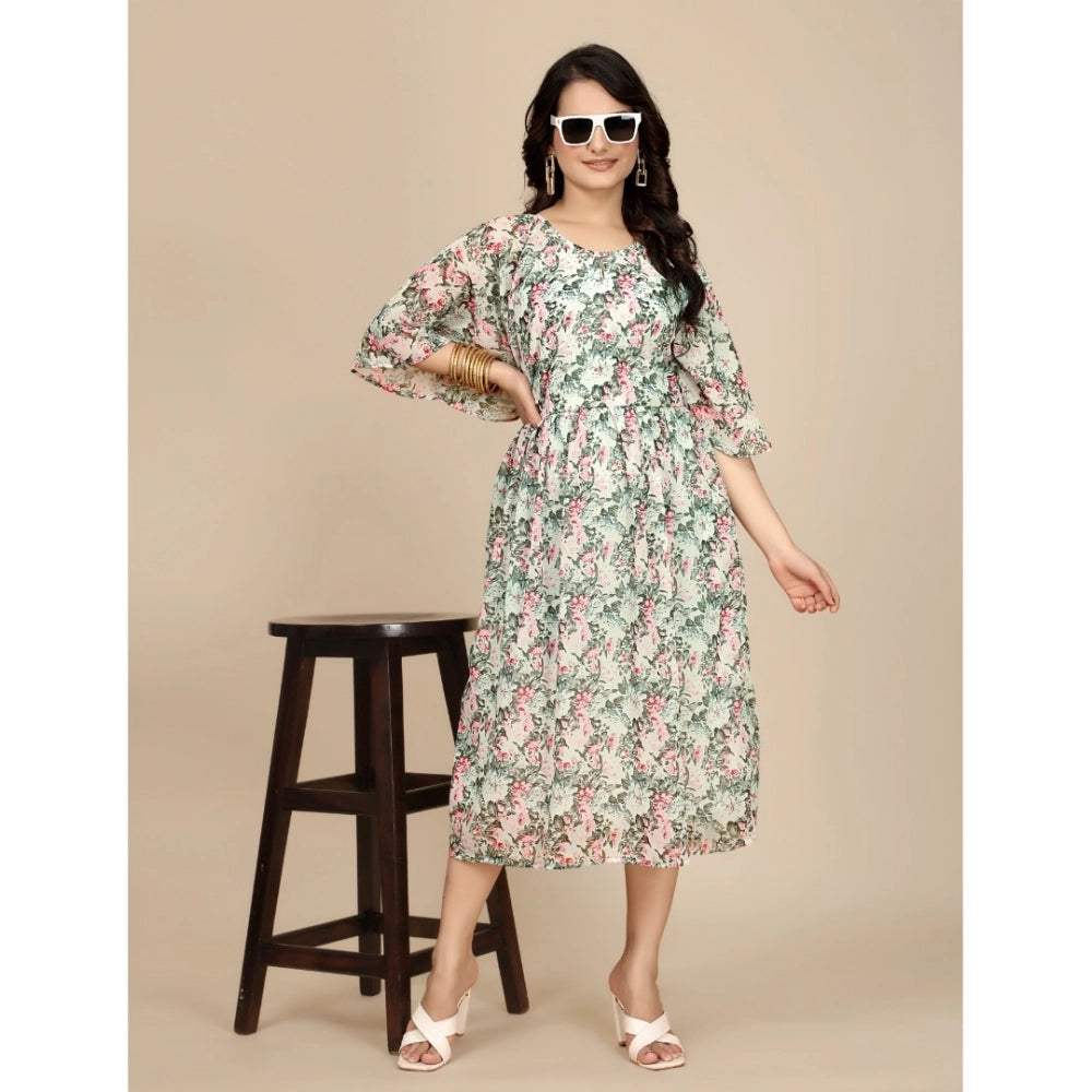 Vaystra Georgette Printed Round Neck Short Sleeve Dress – Pink