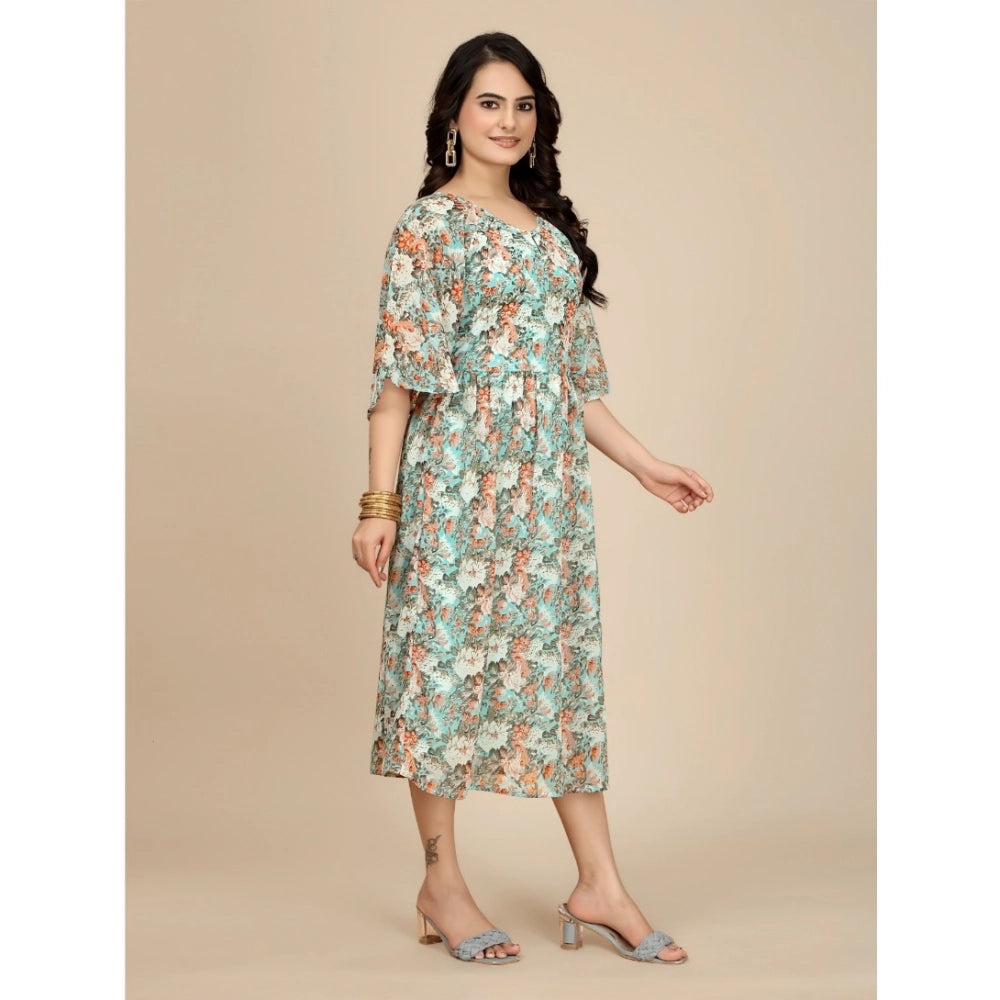 Vaystra Georgette Printed Round Neck Short Sleeve Dress – Multicolor