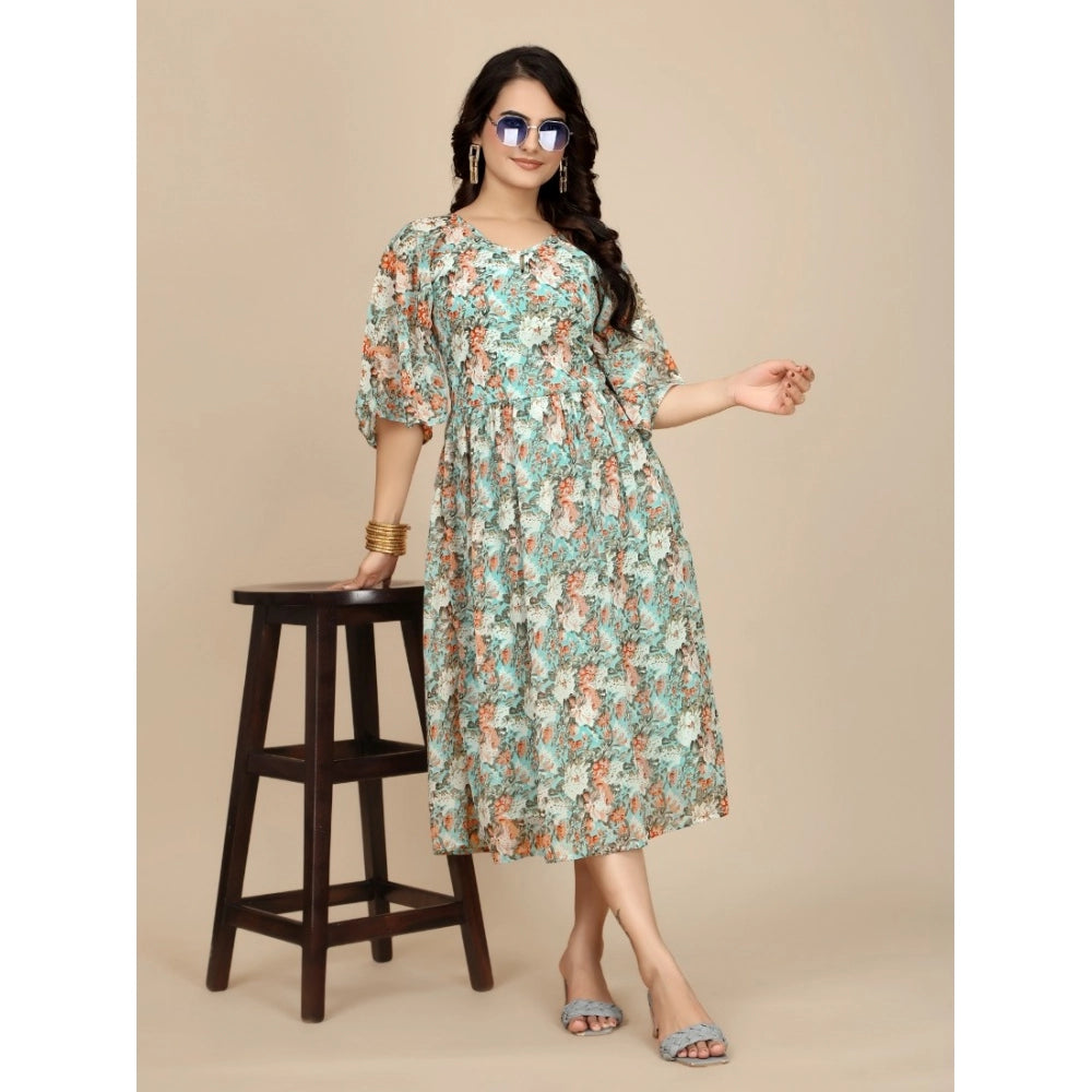 Vaystra Georgette Printed Round Neck Short Sleeve Dress – Multicolor