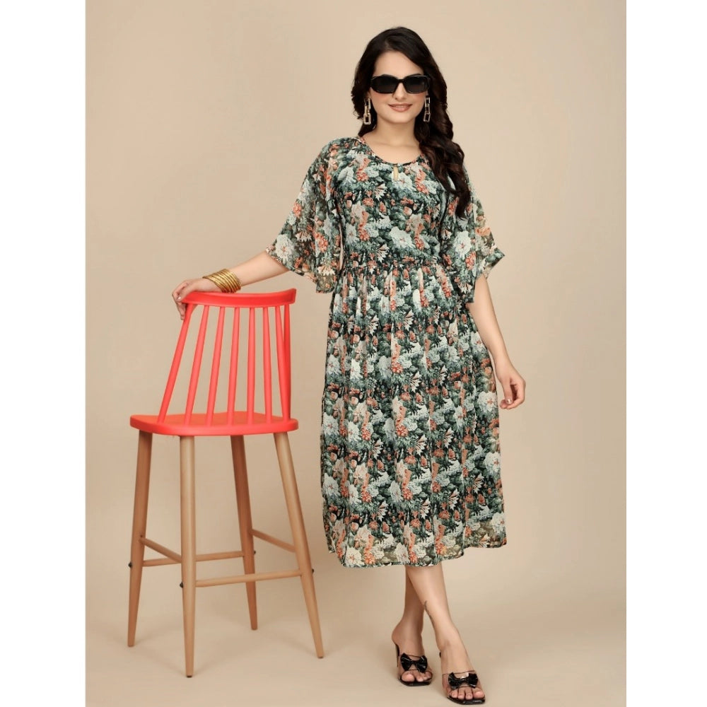 Vaystra Georgette Printed Round Neck Short Sleeve Dress – Black