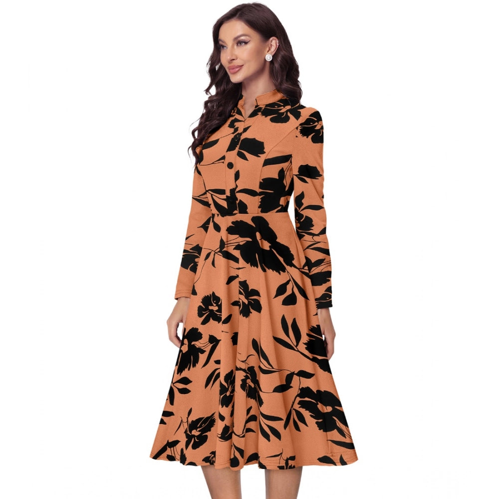 Vaystra Knitting Printed V-Neck Full Sleeve Dress – Orange