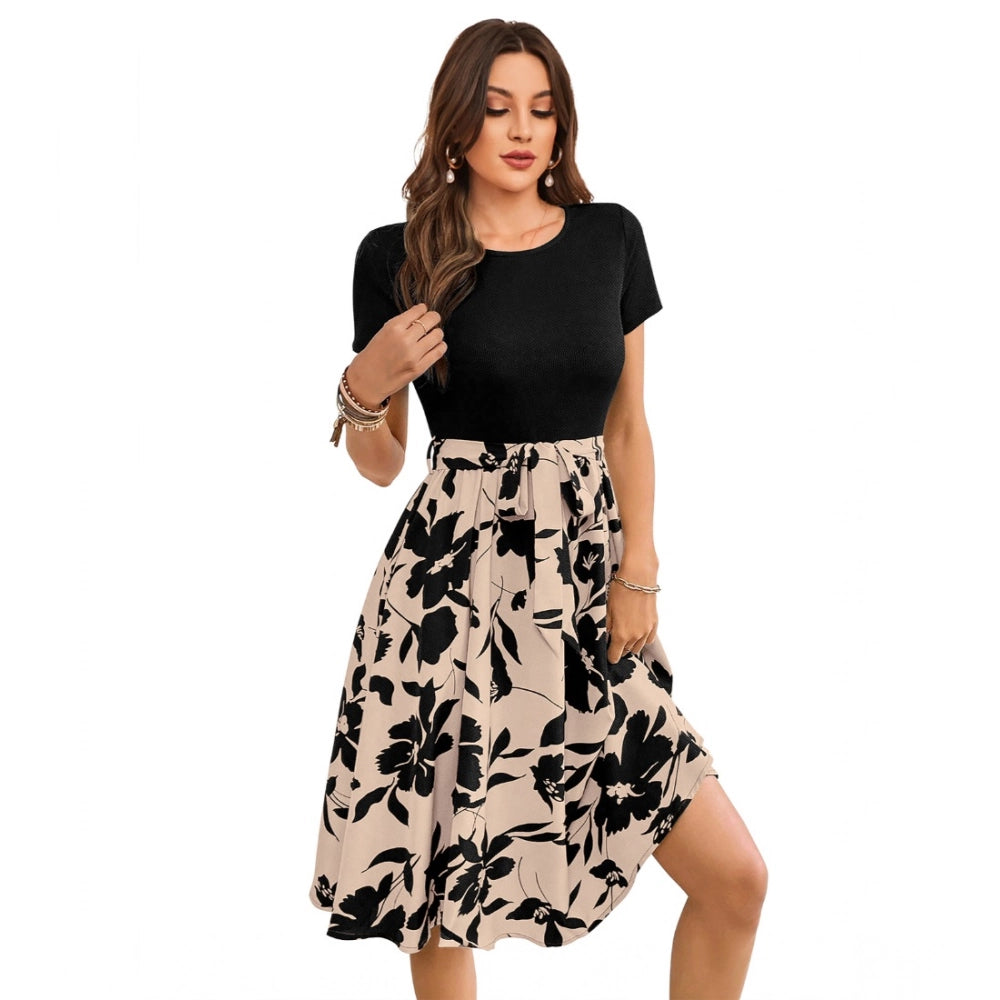 Vaystra Knitting Printed Round Neck Short Sleeve Dress – Cream