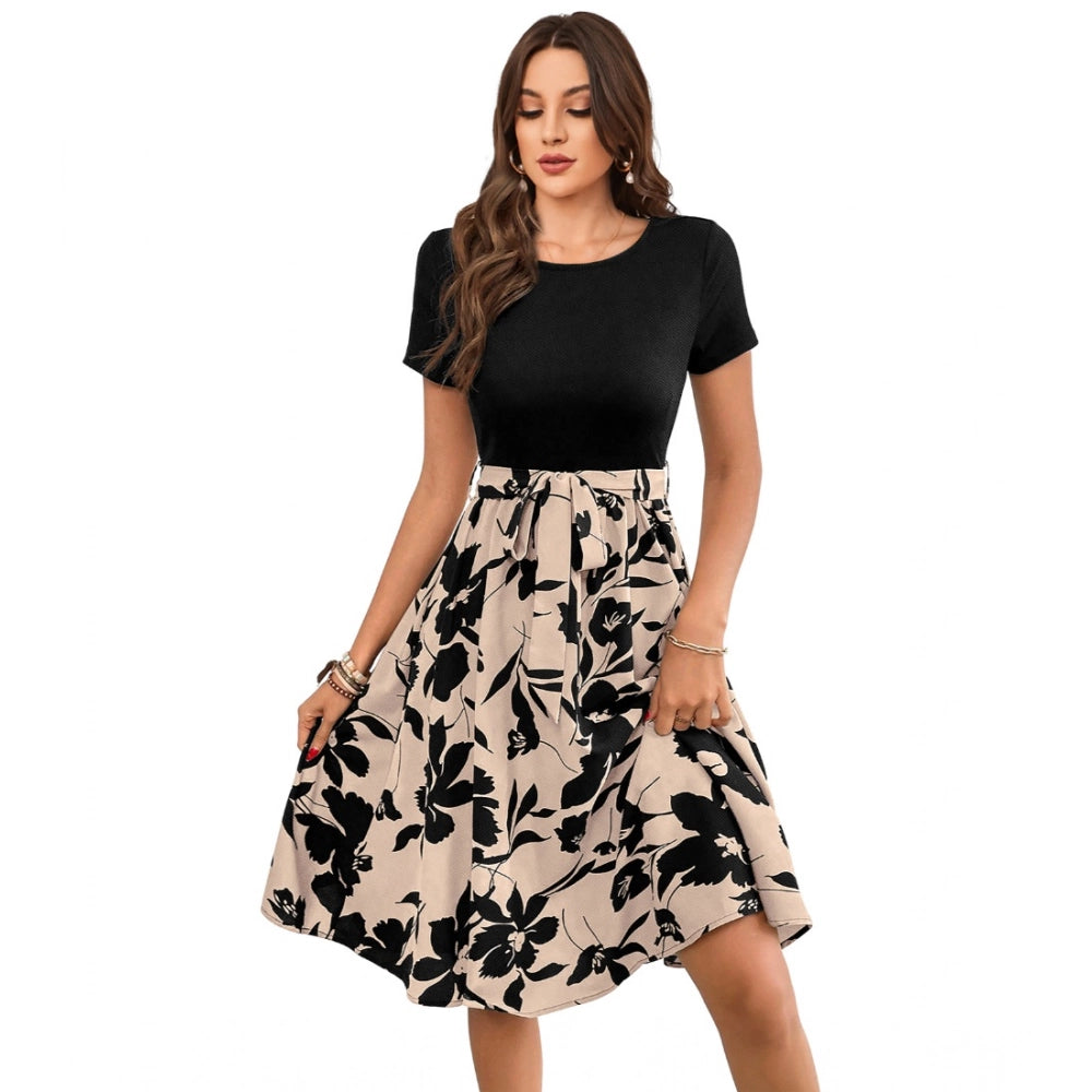 Vaystra Knitting Printed Round Neck Short Sleeve Dress – Cream
