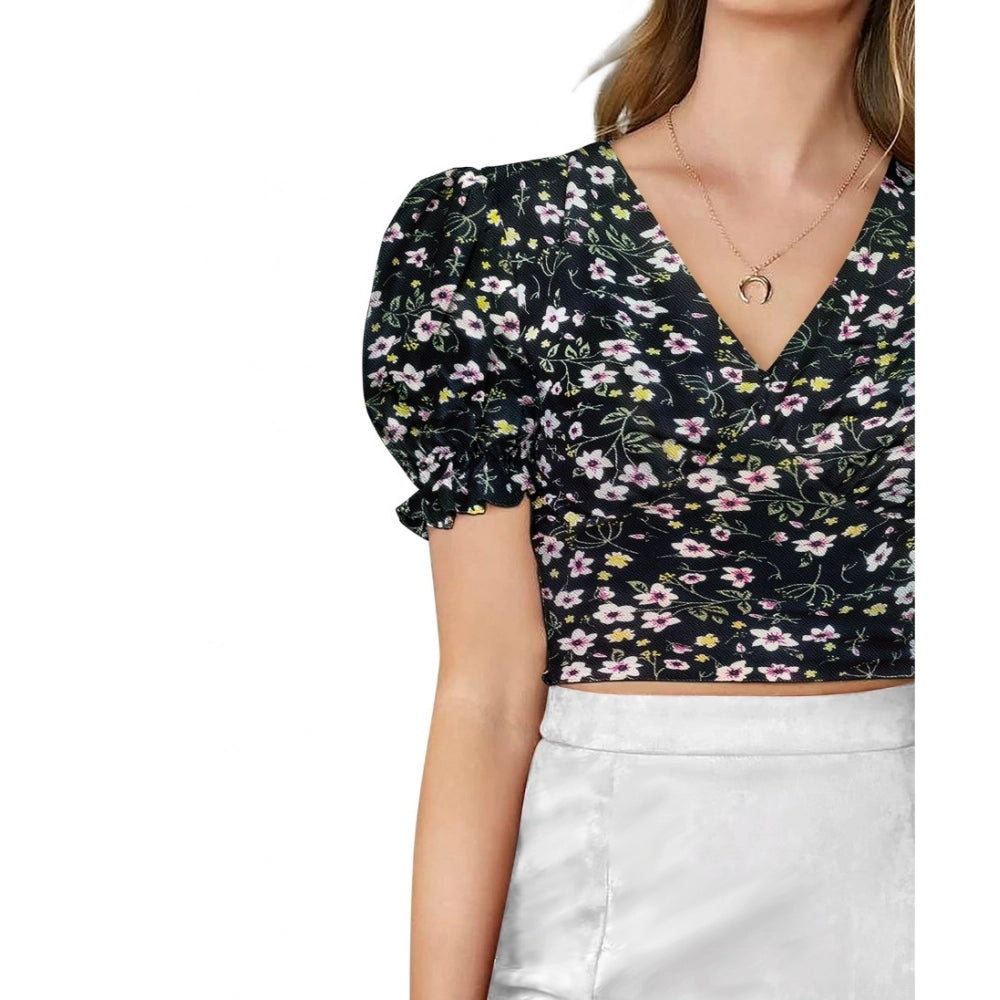 Vaystra Knitting Printed V-Neck Puff Sleeve Tops – Black