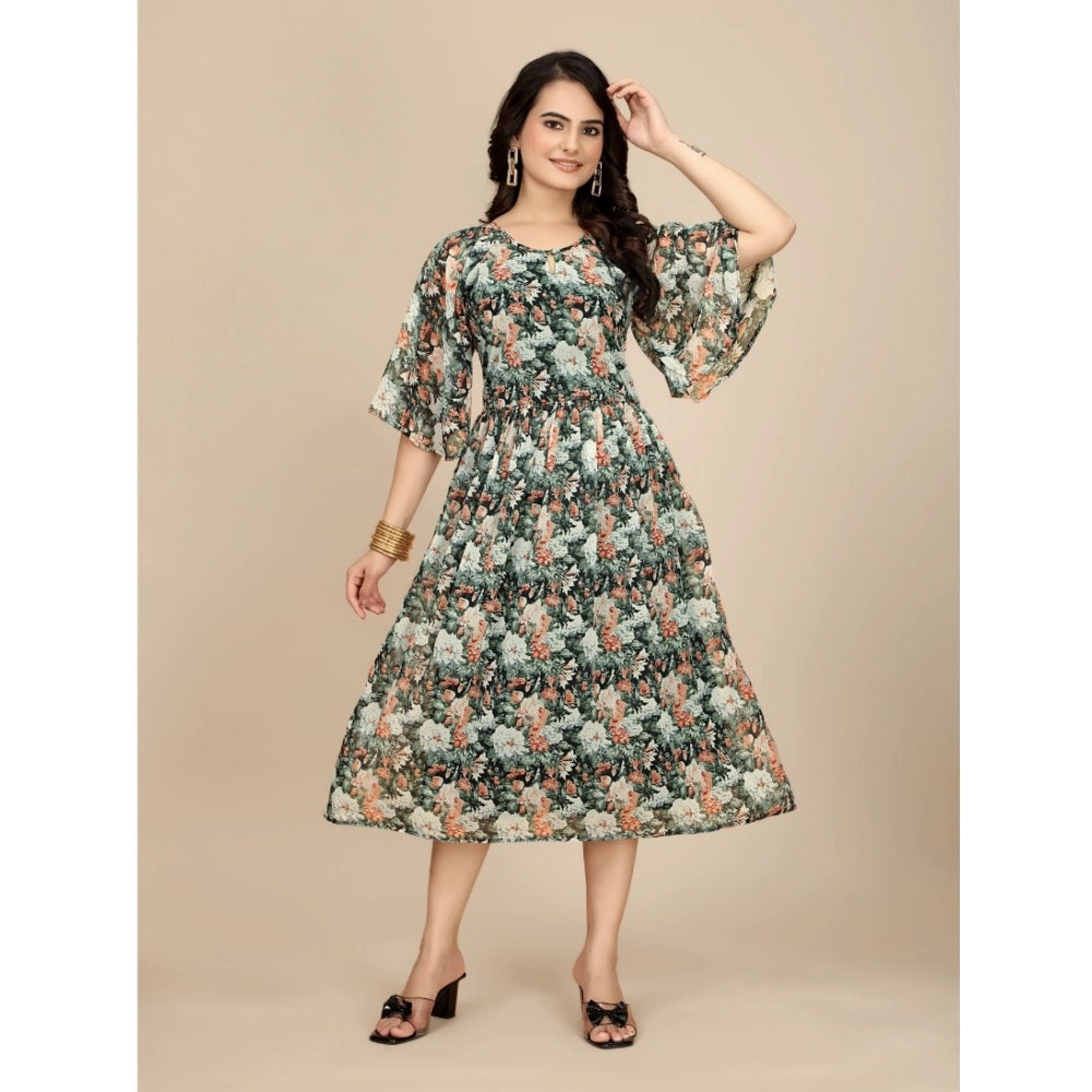 Vaystra Georgette Printed Round Neck Short Sleeve Dress – Black