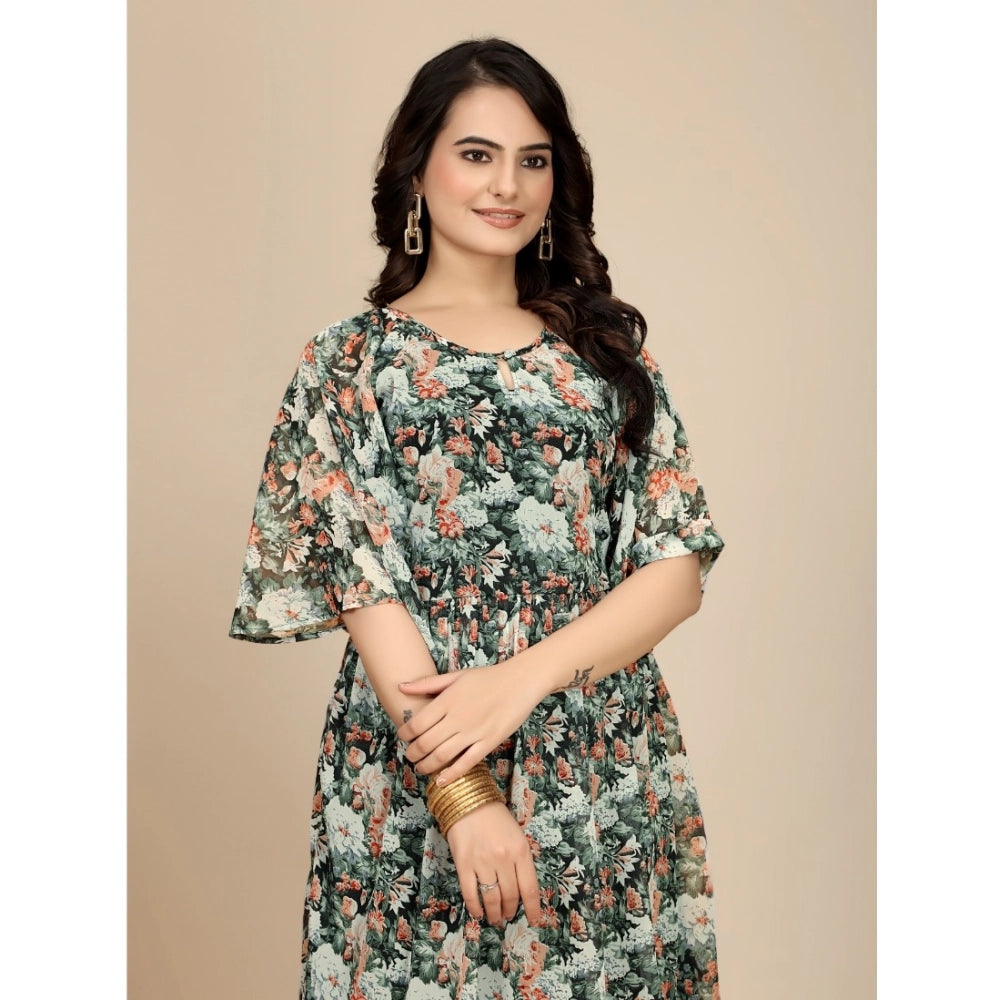 Vaystra Georgette Printed Round Neck Short Sleeve Dress – Black