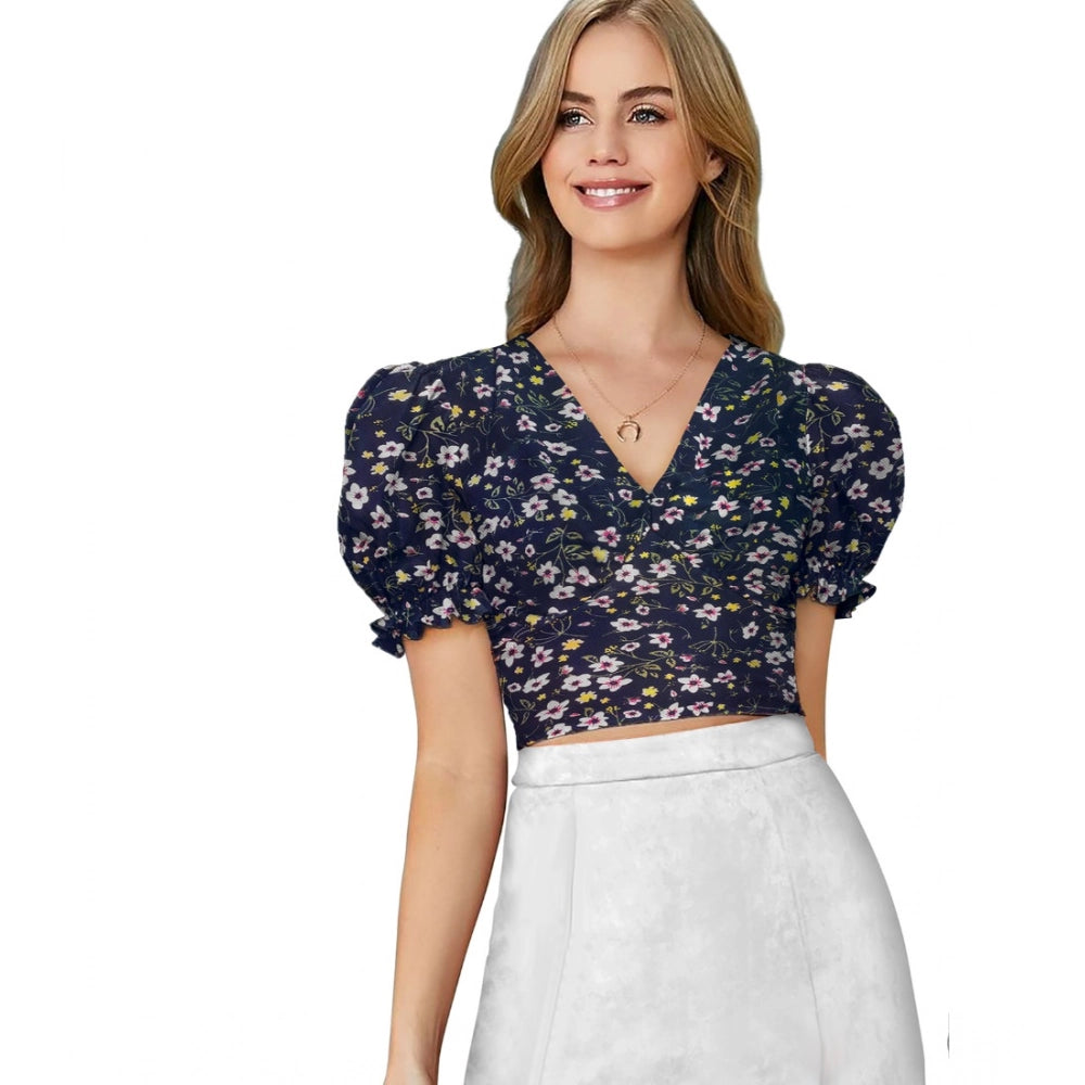 Vaystra Knitting Printed V-Neck Puff Sleeve Tops – Navy Blue