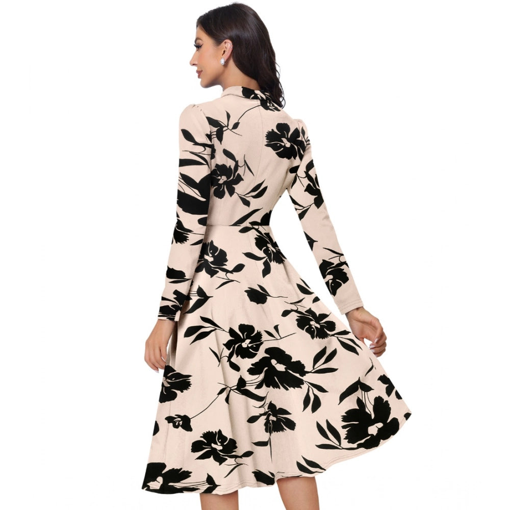 Vaystra Knitting Printed V-Neck Full Sleeve Dress – Cream