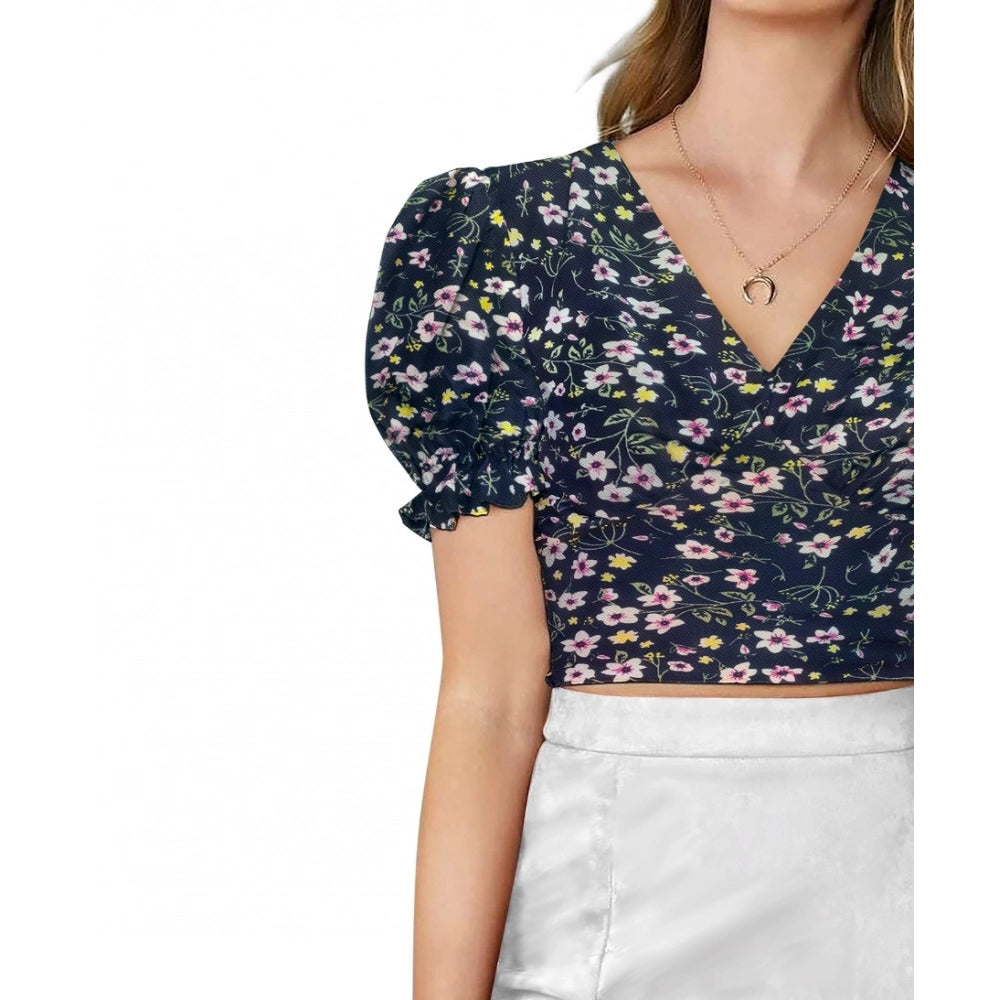 Vaystra Knitting Printed V-Neck Puff Sleeve Tops – Navy Blue