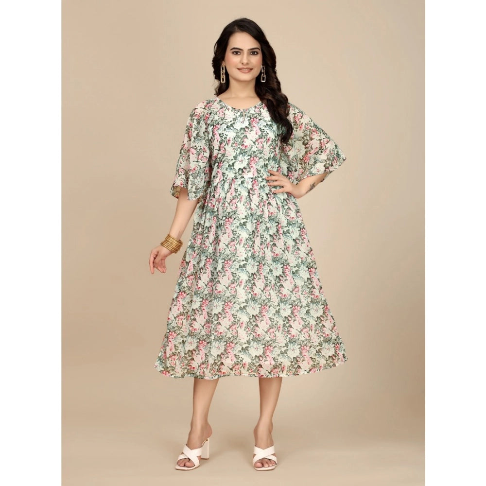 Vaystra Georgette Printed Round Neck Short Sleeve Dress – Pink