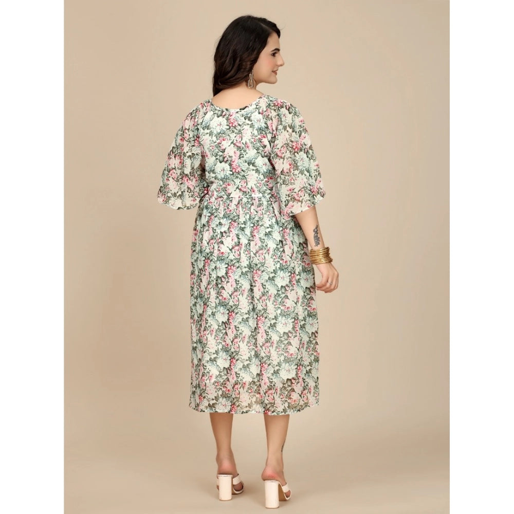 Vaystra Georgette Printed Round Neck Short Sleeve Dress – Pink