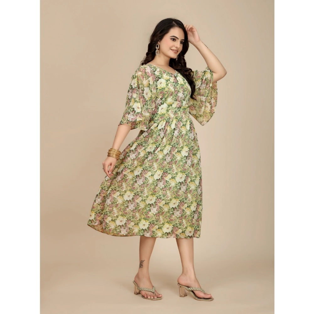 Vaystra Georgette Printed Round Neck Short Sleeve Dress – Green