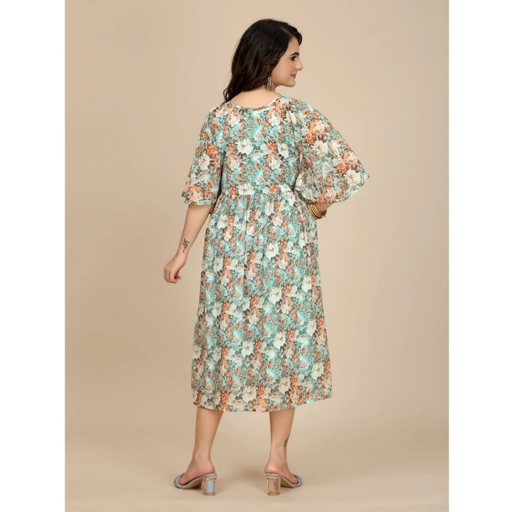 Vaystra Georgette Printed Round Neck Short Sleeve Dress – Multicolor