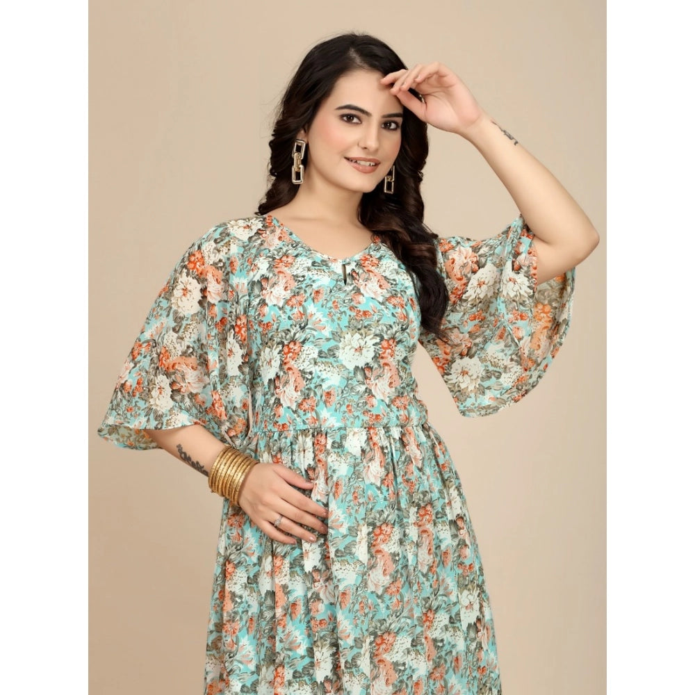 Vaystra Georgette Printed Round Neck Short Sleeve Dress – Multicolor