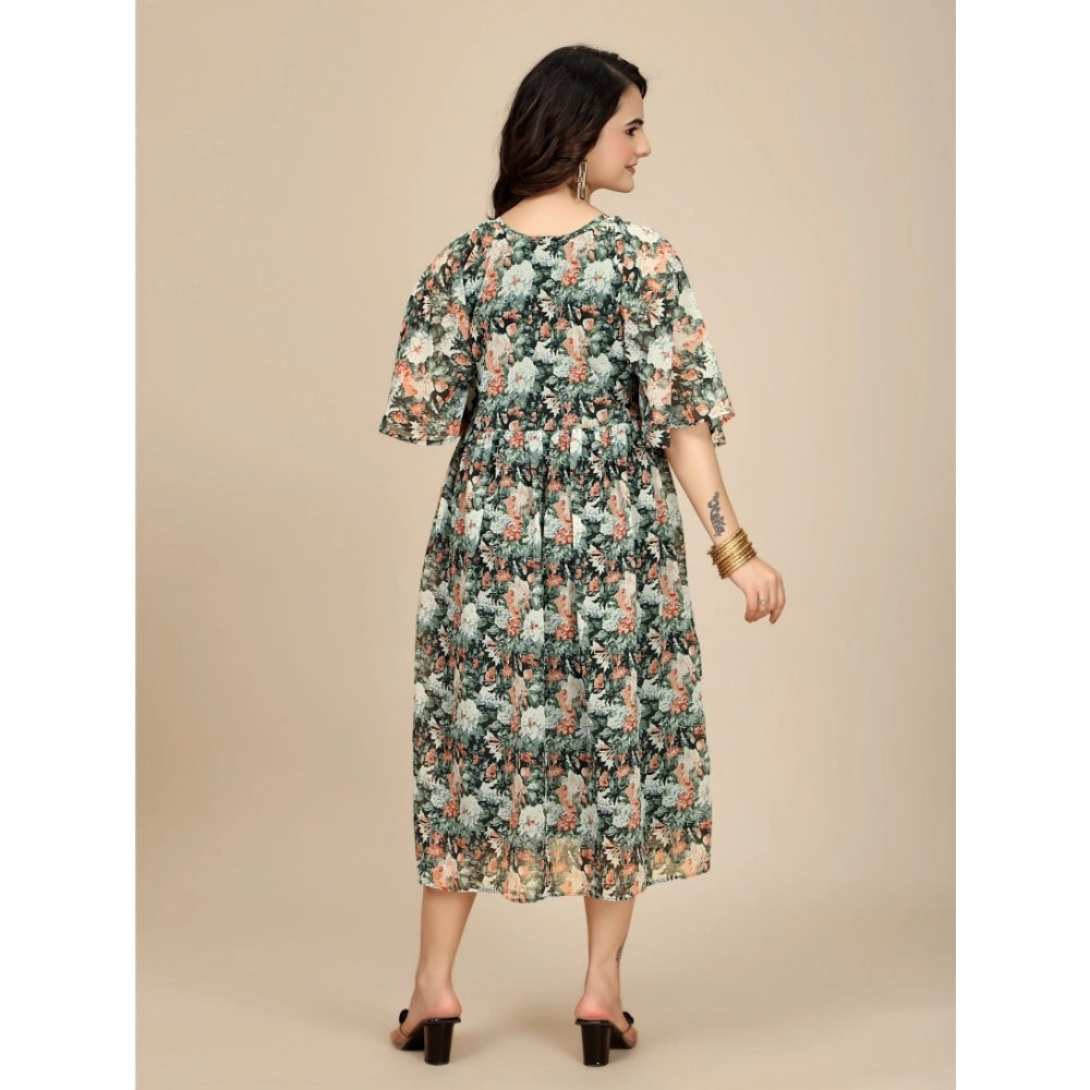 Vaystra Georgette Printed Round Neck Short Sleeve Dress – Black
