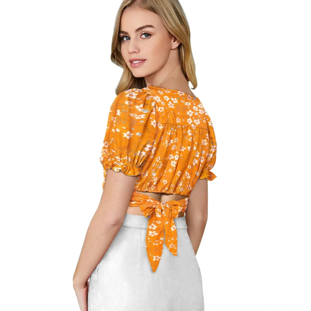 Vaystra Knitting Printed V-Neck Puff Sleeve Tops – Yellow