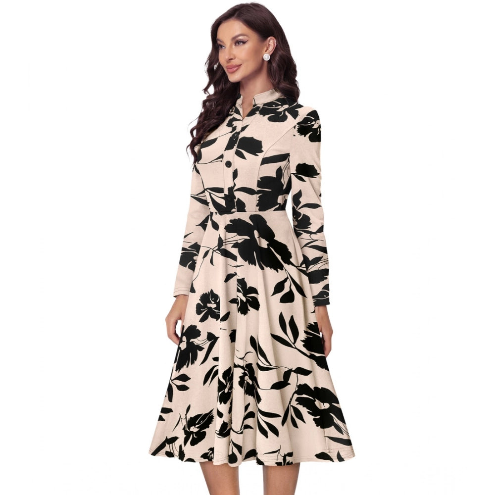 Vaystra Knitting Printed V-Neck Full Sleeve Dress – Cream