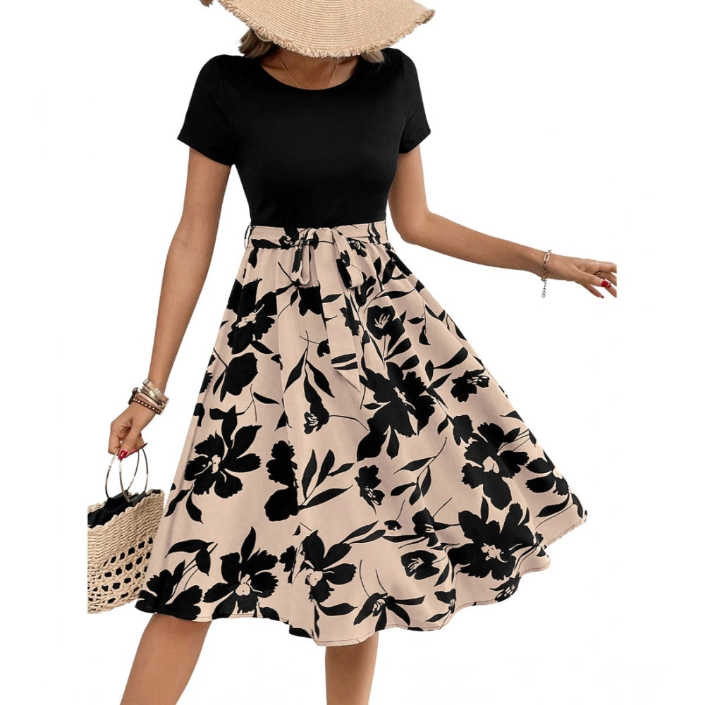 Vaystra Knitting Printed Round Neck Short Sleeve Dress – Cream