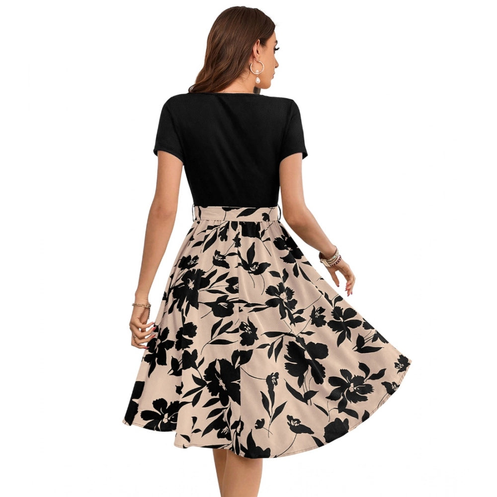 Vaystra Knitting Printed Round Neck Short Sleeve Dress – Cream