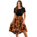Vaystra Knitting Printed Round Neck Short Sleeve Dress – Orange