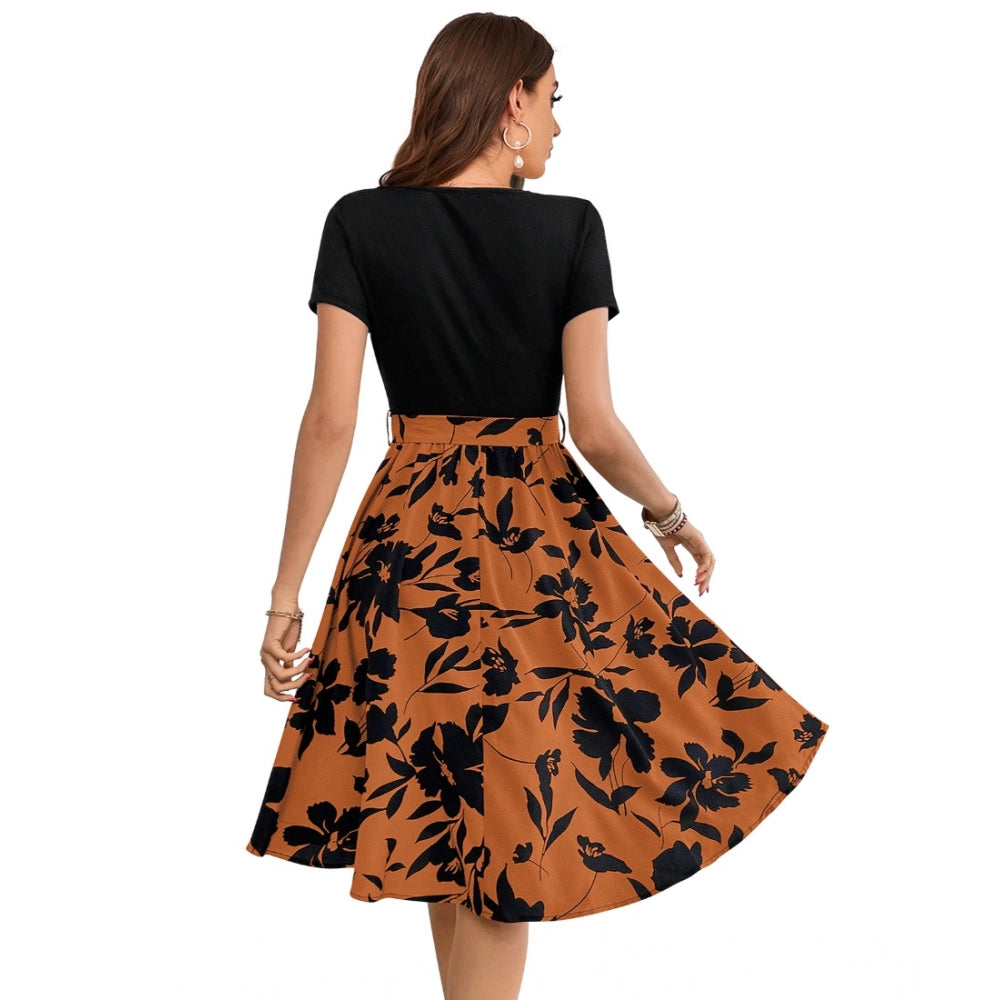 Vaystra Knitting Printed Round Neck Short Sleeve Dress – Orange