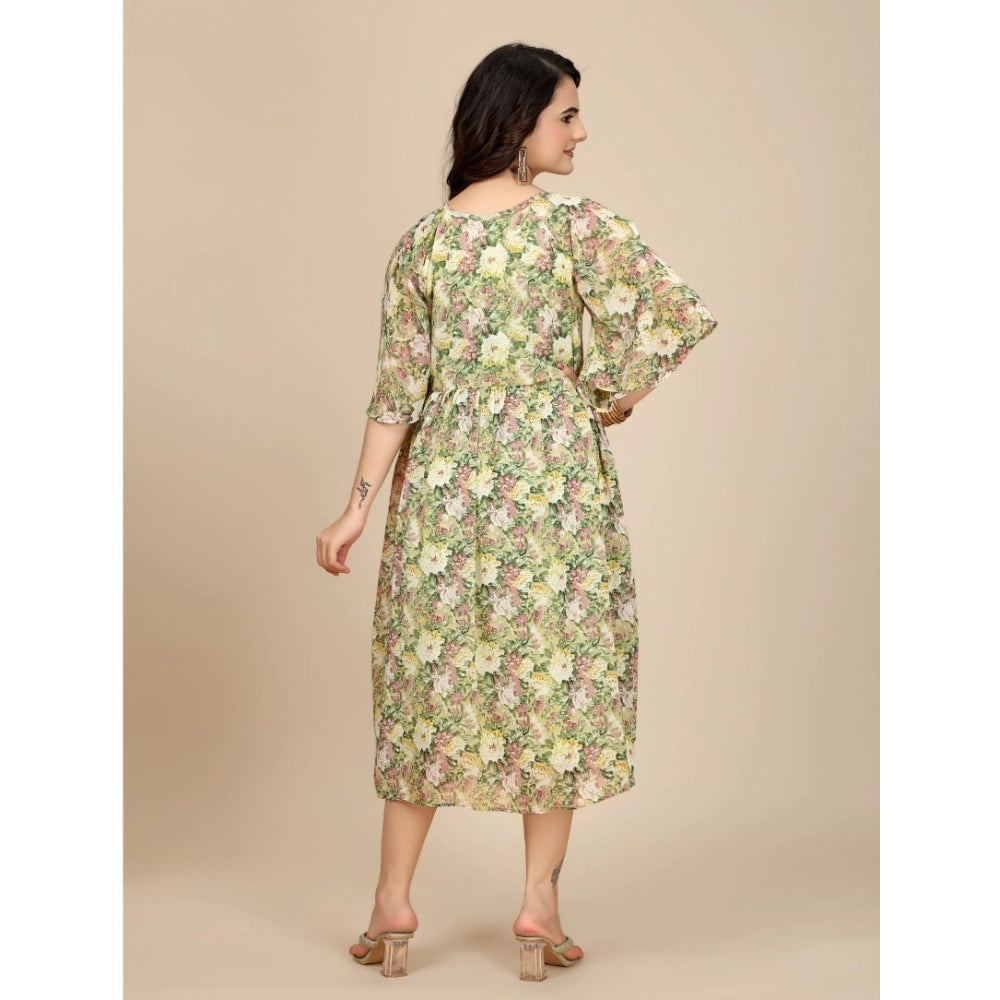 Vaystra Georgette Printed Round Neck Short Sleeve Dress – Green
