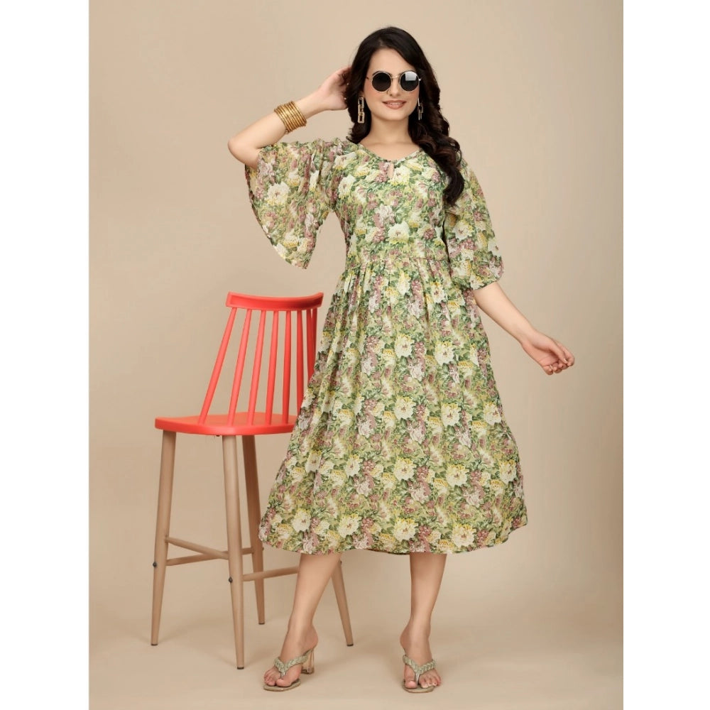 Vaystra Georgette Printed Round Neck Short Sleeve Dress – Green