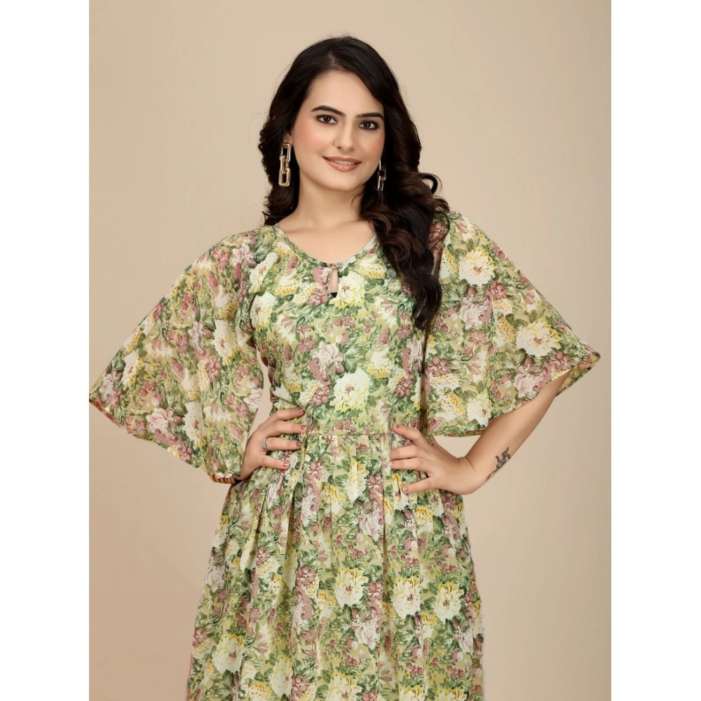 Vaystra Georgette Printed Round Neck Short Sleeve Dress – Green