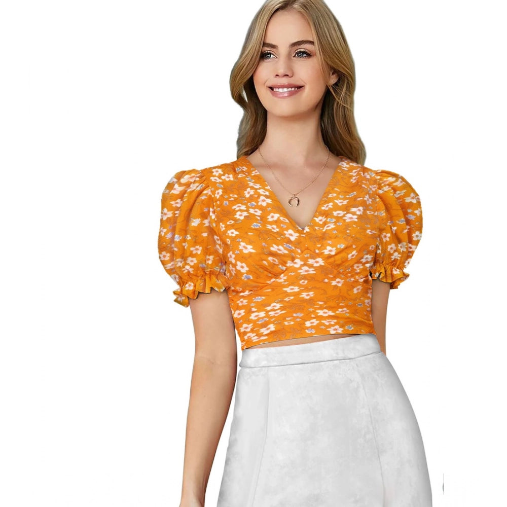 Vaystra Knitting Printed V-Neck Puff Sleeve Tops – Yellow